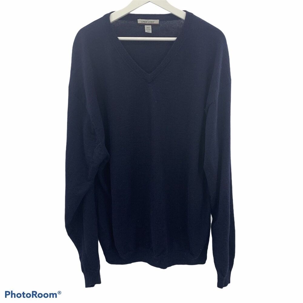 Linea Uomo Size 3XLT Sweater Wool Acrylic Blend Navy V-Neck Long Sleeve Men's